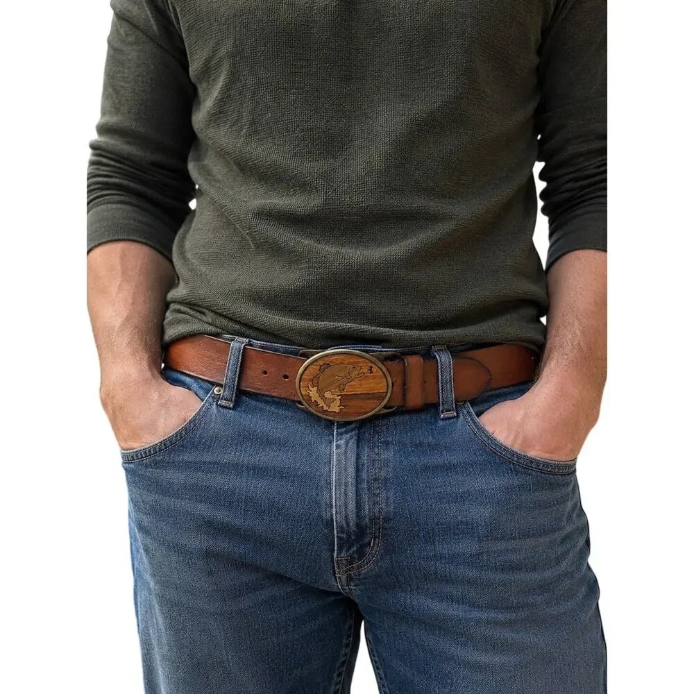 Solid Brass Bass Fish Buckle Brown Genuine Leather Belt Size 34 Fishing Outdoors